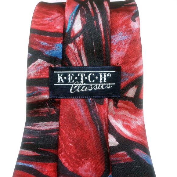 Vintage Ketch Classic Men's Tie Abstract Print Red Black Blue Polyester 57"Long - Picture 7 of 12